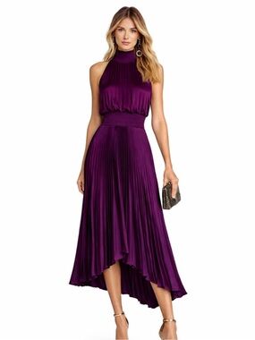 Vestique Elegant Purple Pleated High-Neck Midi Dress